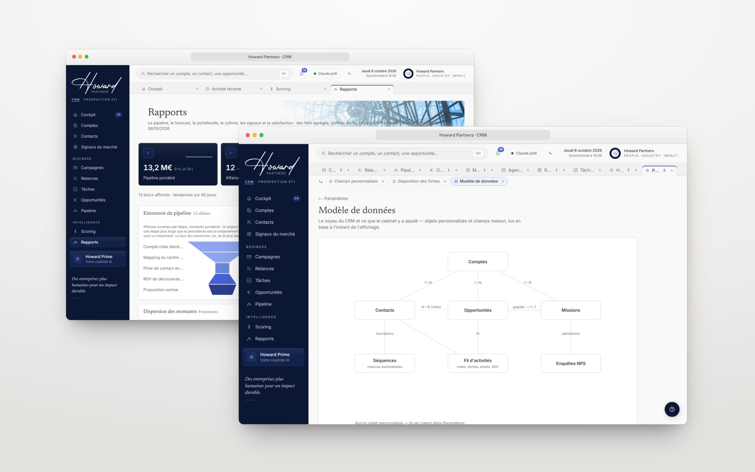 Howard Partners CRM: the reports and the data model in two windows