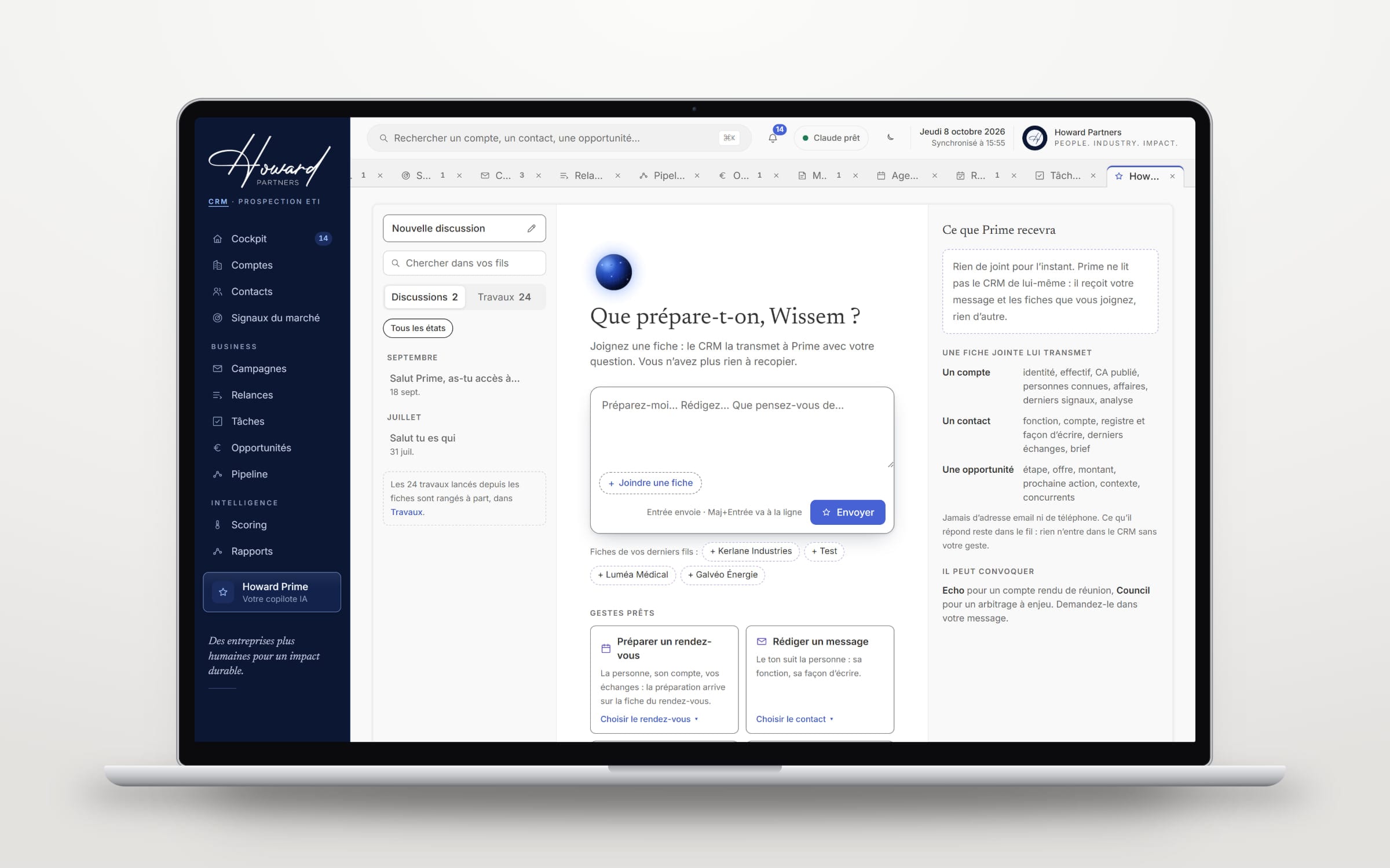 Howard Partners CRM: Howard Prime, the AI copilot, on a laptop