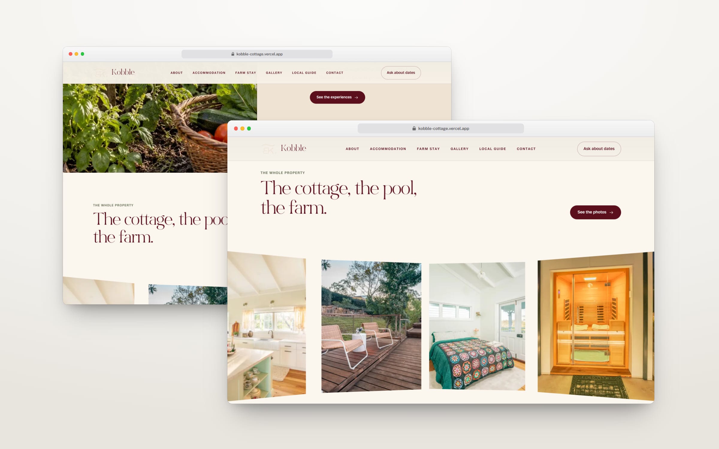 Kobble Cottage in two browser windows