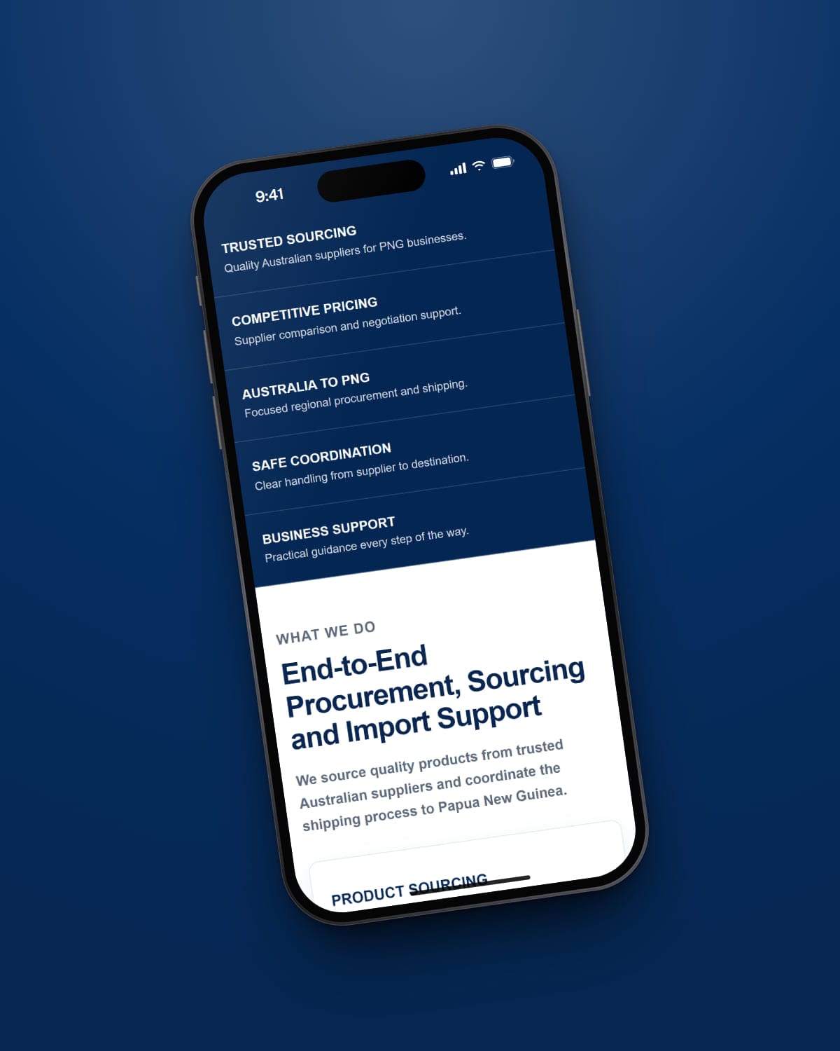 Blue Pacific, sourcing & logistics, on a phone