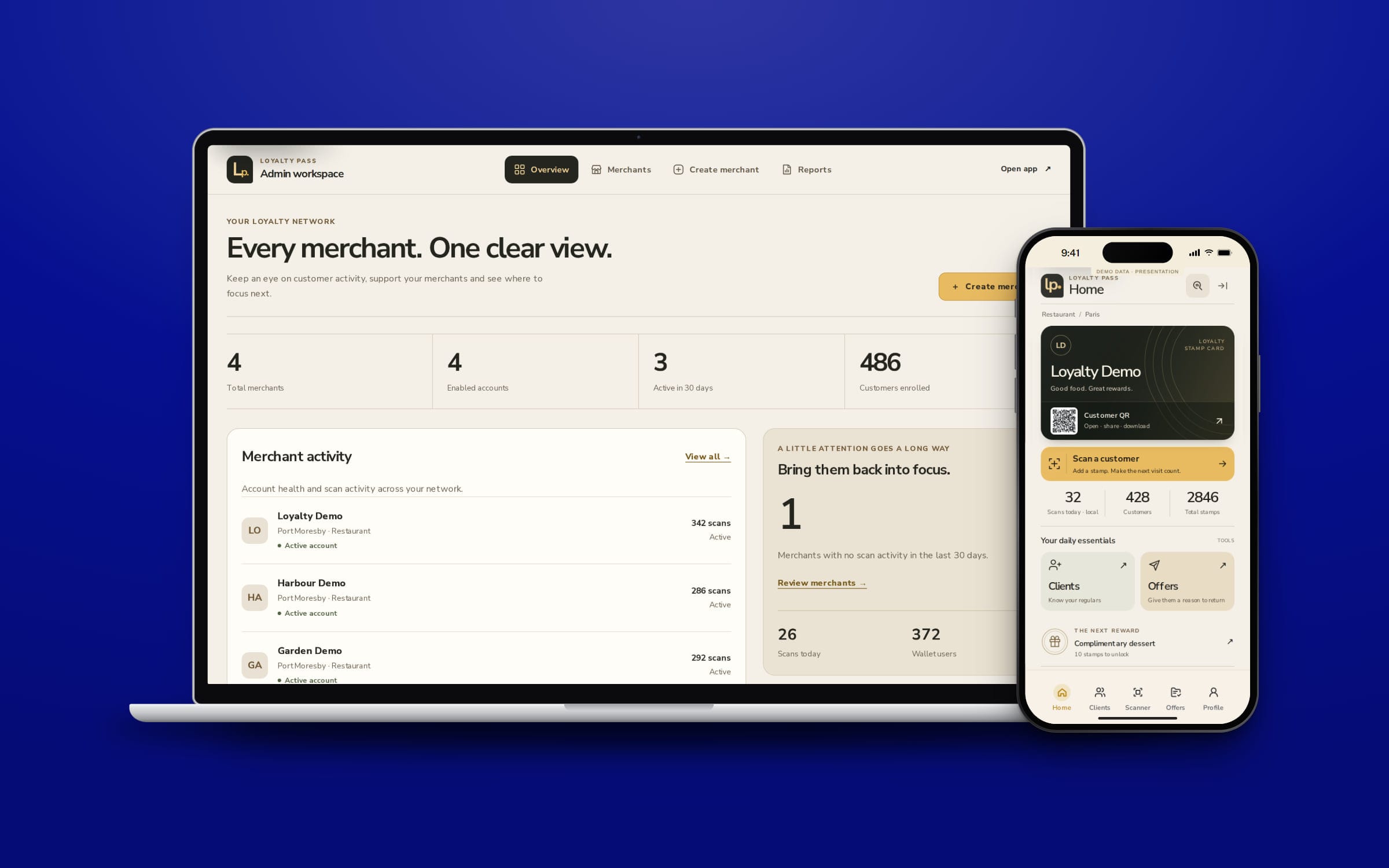 Loyalty Pass, the admin workspace on a laptop and the merchant app on a phone