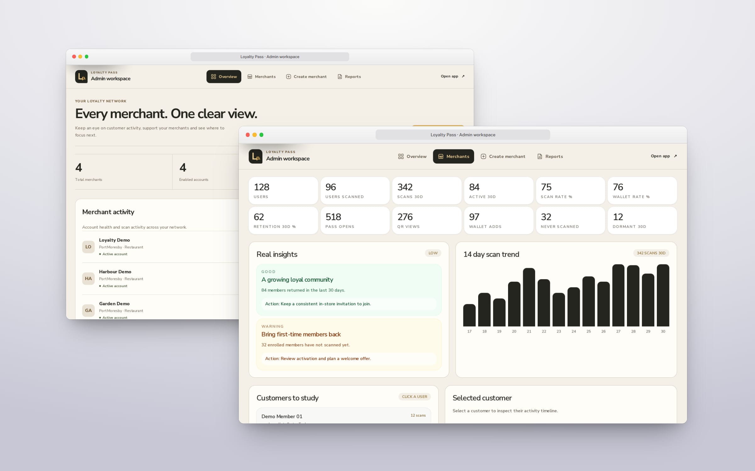 Loyalty Pass, the admin workspace in two browser windows