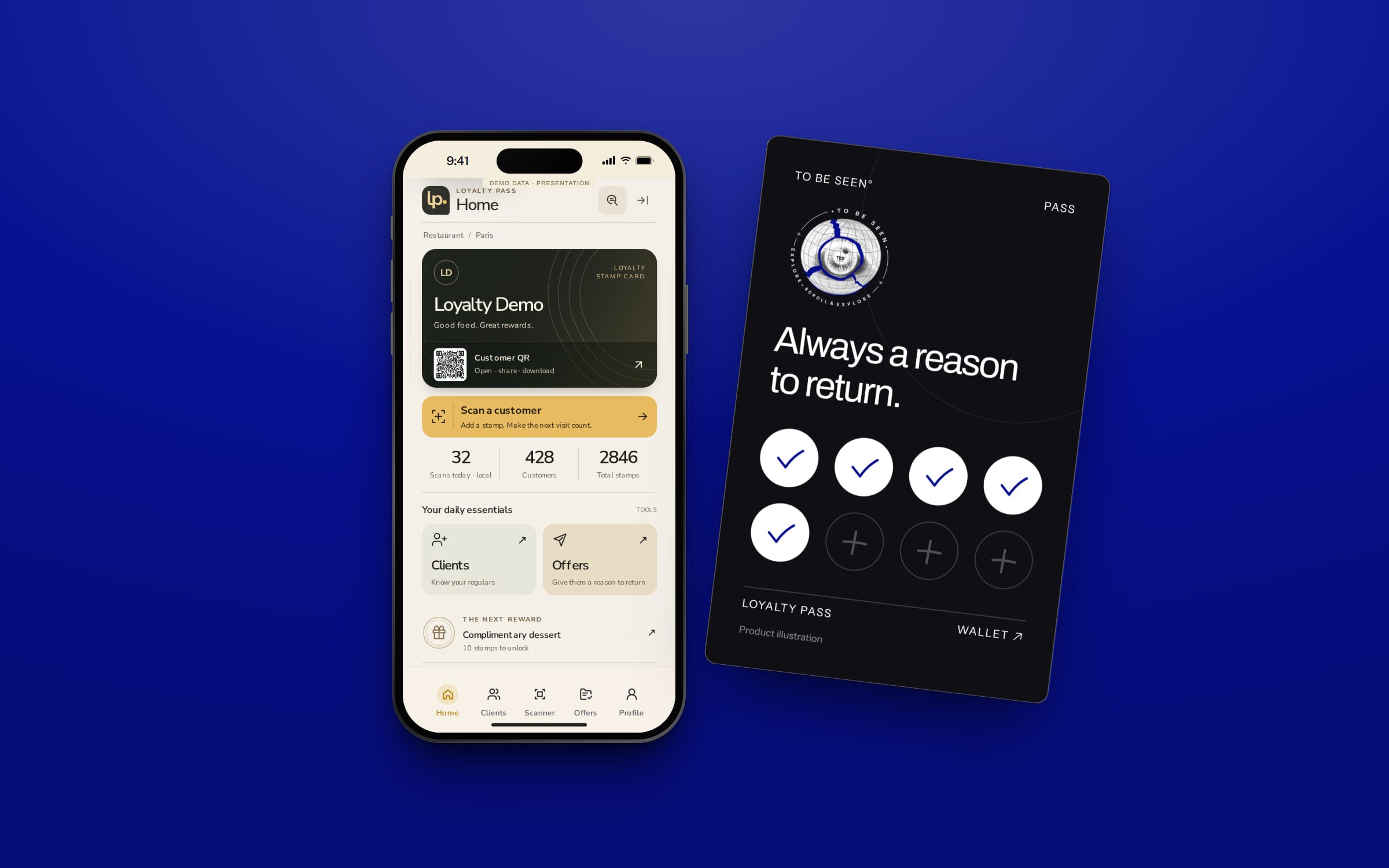 Loyalty Pass, the merchant app on a phone beside an illustration of the pass